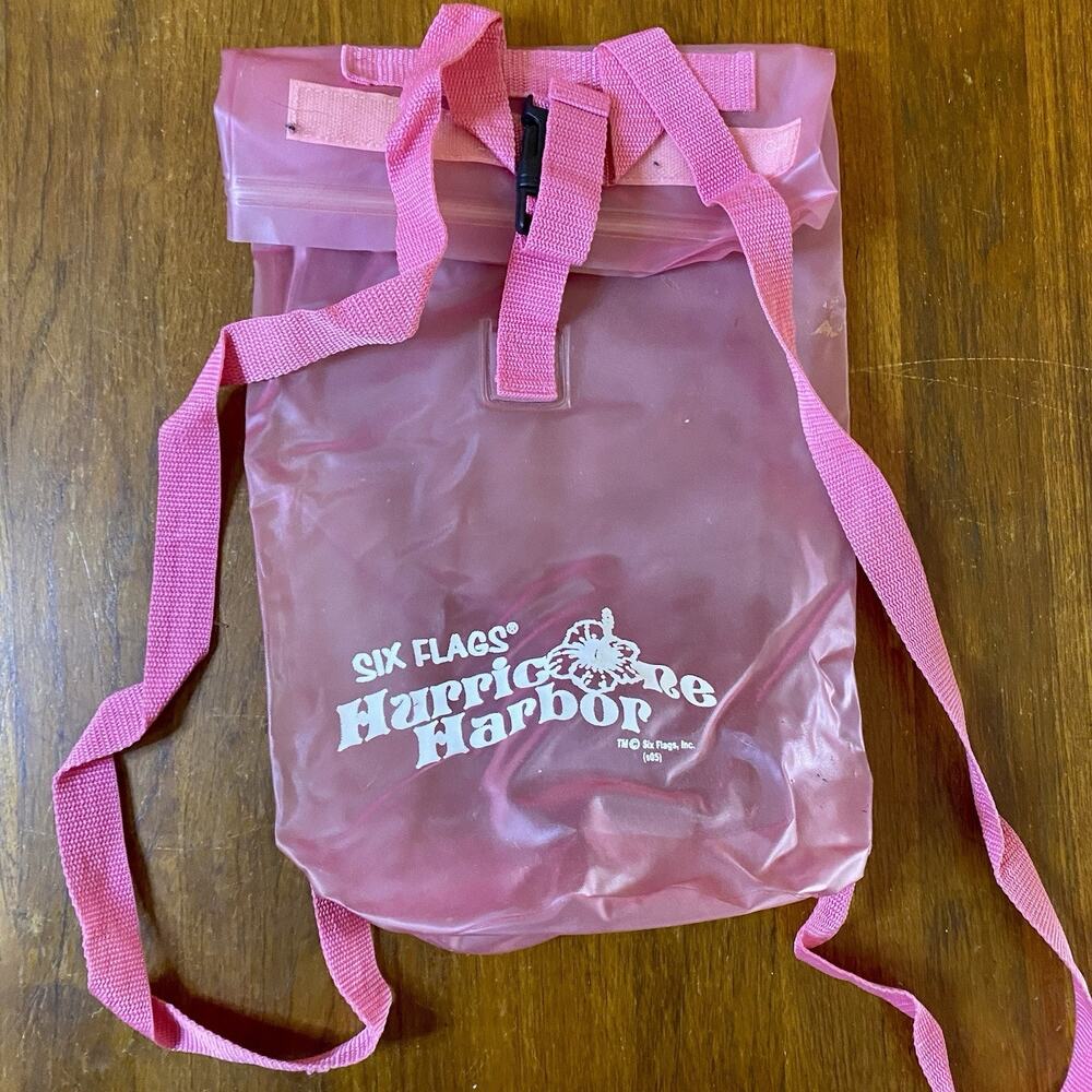 Vintage Six Flags Hurricane Harbor Backpack Pink Vinyl Straps Water Resistant